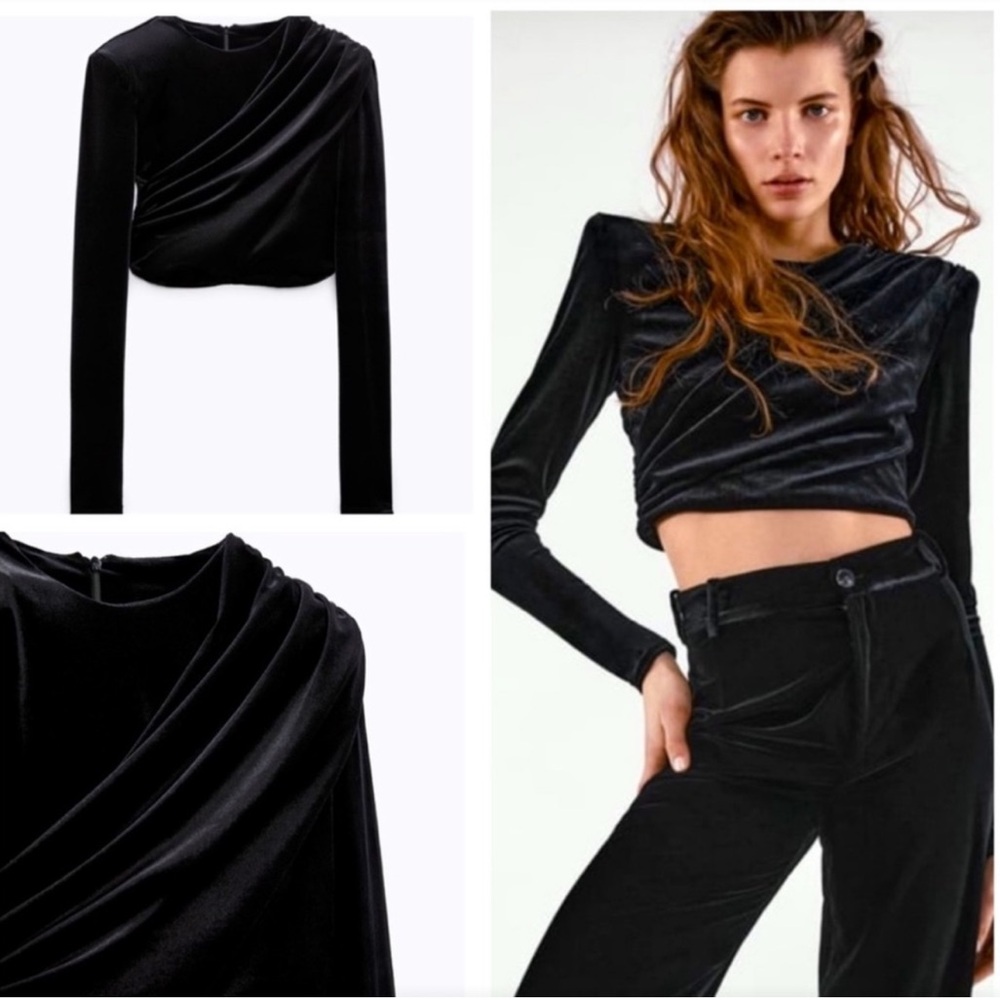 Zara Black Velvet Long Sleeve Top